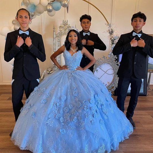 Robe bleue à épaules dénudées, motif floral 3D, robe de bal de luxe pour 15 ans, fg6013