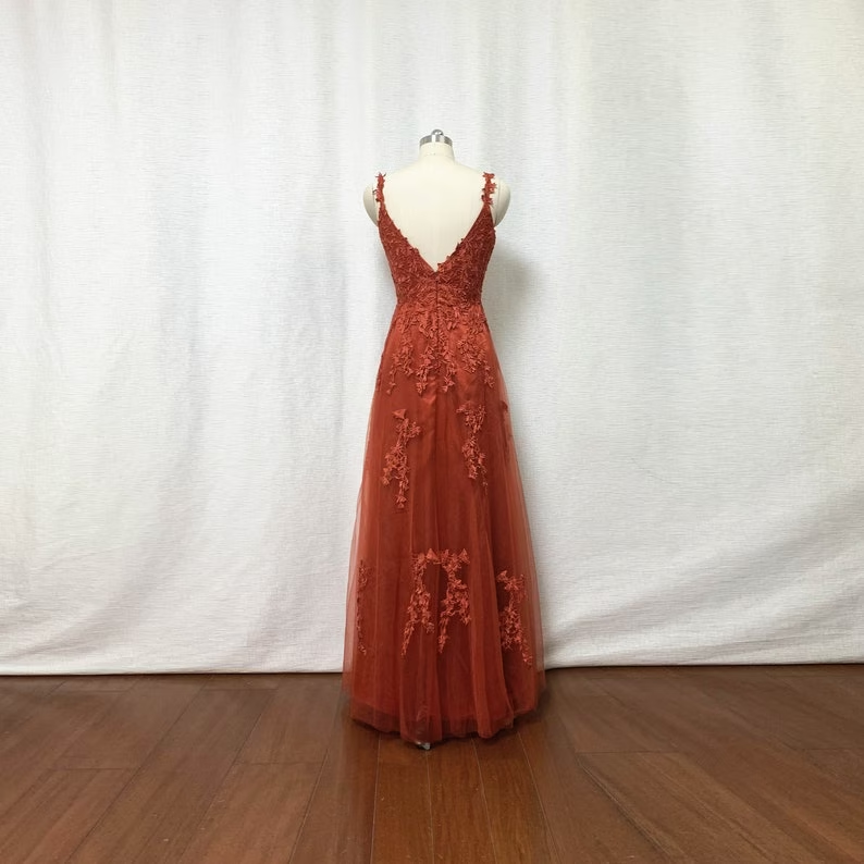 Burnt Orange Lace Tulle Prom Dress fg5060