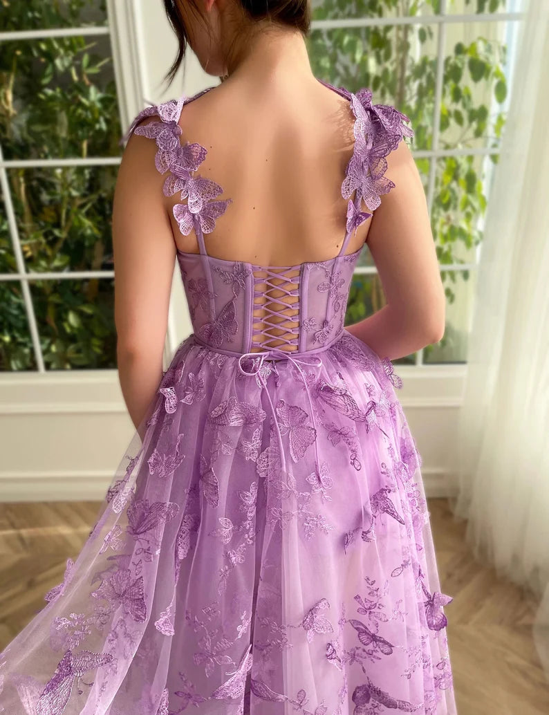 Lila Schmetterlings-Ballkleid, elegantes langes Ballkleid fg3363