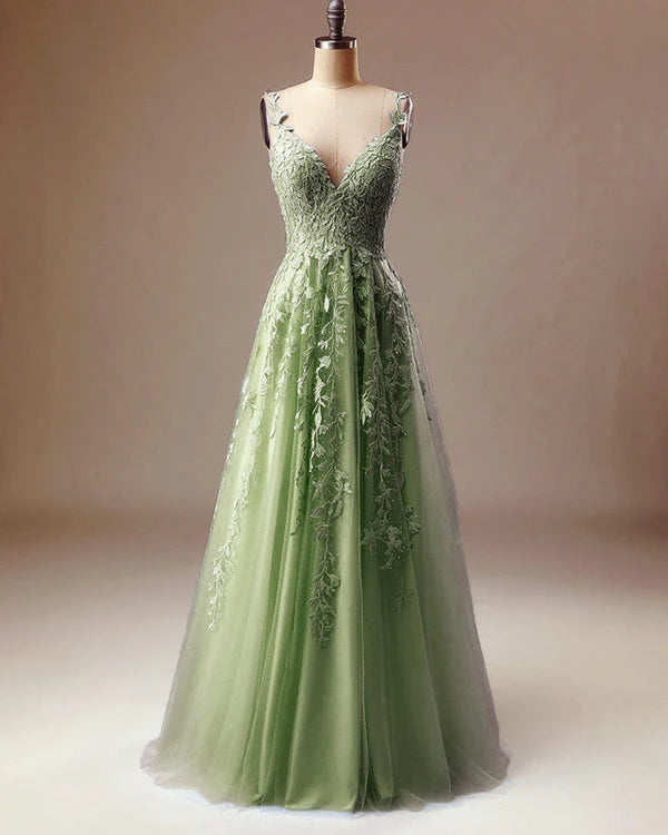 Elegant A-line Prom Dresses V Neck Lace Embroidery Sage Dress fg3364