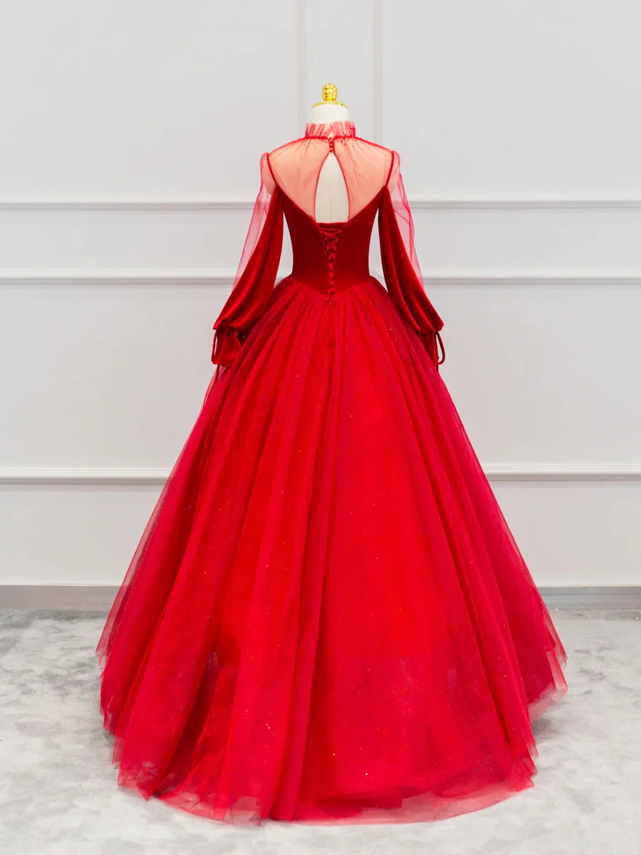 Red Velvet Tulle Floor Length Prom Dress, Beautiful Long Sleeve Evening Party Dress fg4355