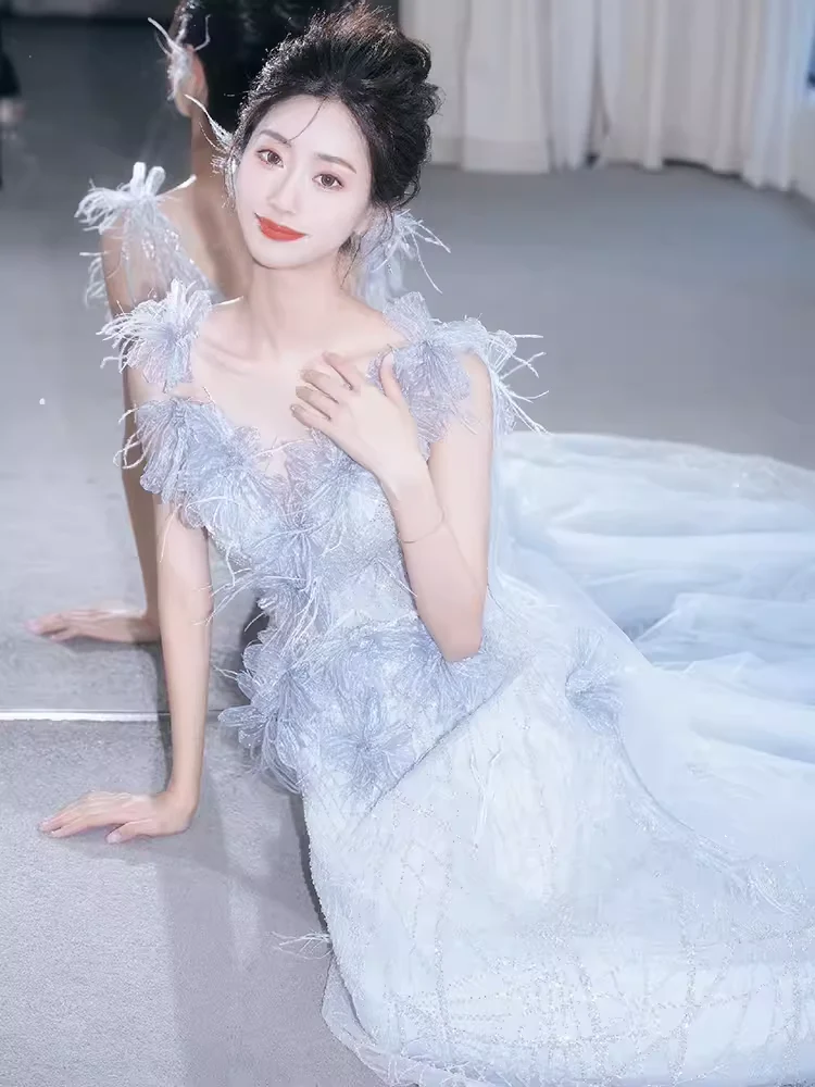 Mermaid Straps Gray Sequin Long Evening Dress Beads Prom Dress fg8579