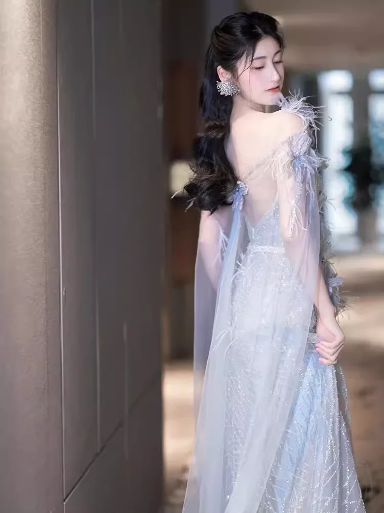 A line Straps Sequin Beads Long Evening Dress Prom Dresses With Flowers fg8586