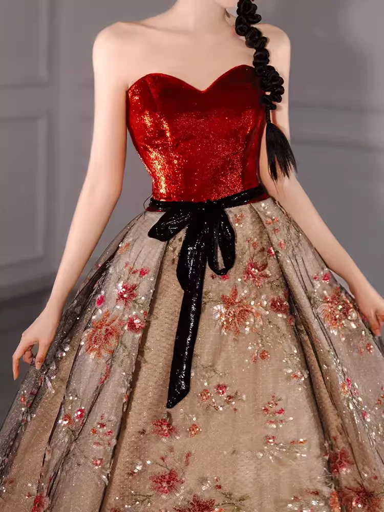 Ball Gown Strapless Burgundy Sequin Long Evening Dress Prom Dress fg8580