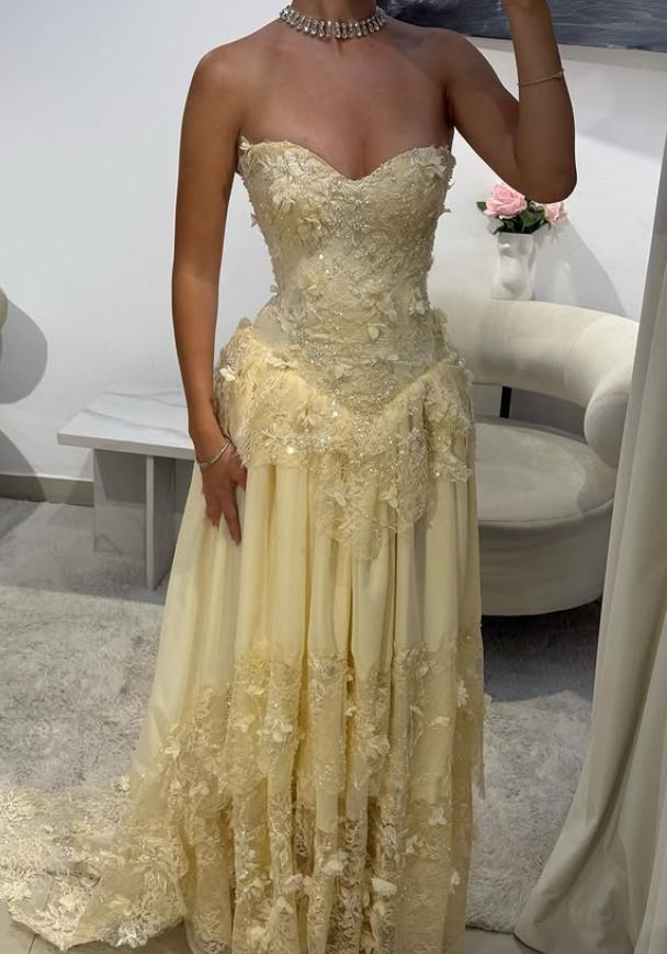 Yellow A Line Sweetheart Neck Long Prom Dress Evening Dress With Applique fg8222
