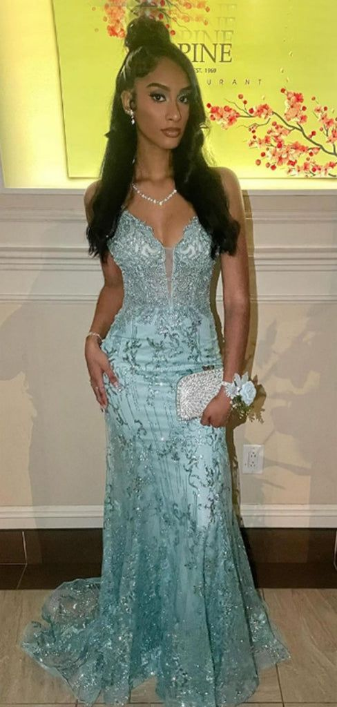 Elegant Spaghetti Strap Sleeveless Mermaid Lace Long Evening Prom Dress fg8565
