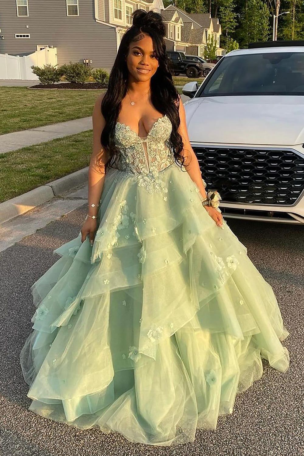 Sage Spaghetti Straps A-Line Tulle Tiered Long Corset Prom Dress with Appliques fg8535