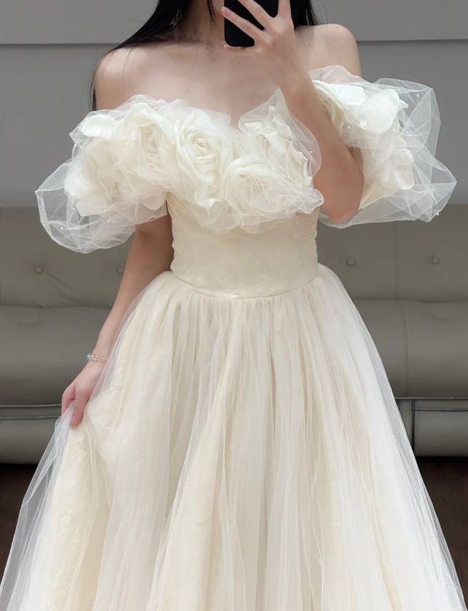 Off The Shoulder A Line Prom Dress Beige Tulle Birthday Dress fg8622