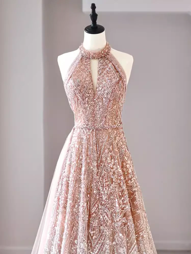 A Line High Neckline Sequin Long Evening Dress Beads Prom Dress fg8577