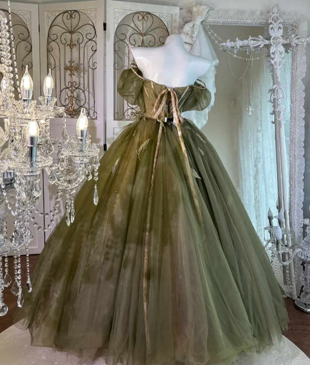 Off The Shoulder A Line Green Tulle Prom Party Dress Evening Dress Birthday Dress fg8645