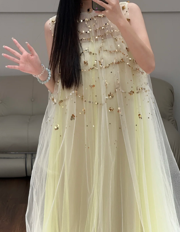 Yellow Tulle Prom Party Dress Sequin Evening Dress Party Dress fg8621