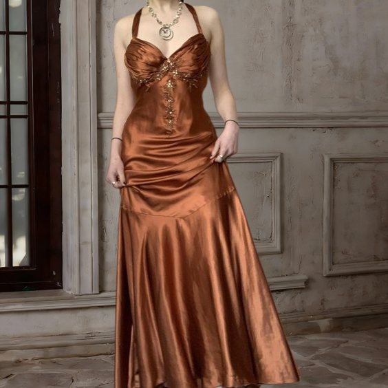 Halter A Line Satin Long Prom Dress Vintage Formal Party Dress fg5843