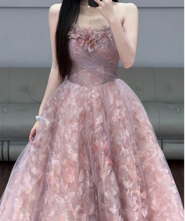 Pink Flora Prom Party Dress Sleeveless Tulle Evening Dress fg8710