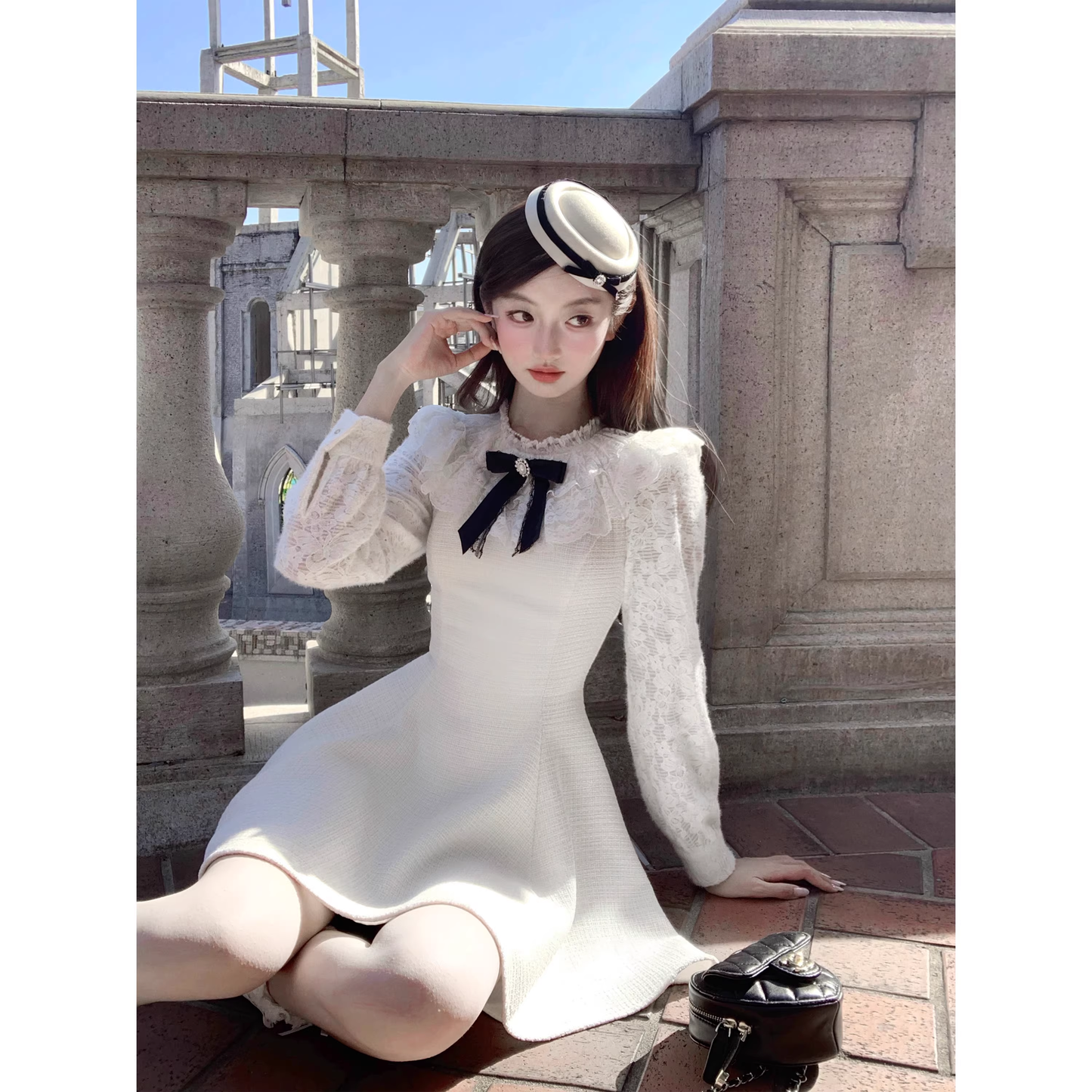 Lace dress for women, off-white princess short skirt A04