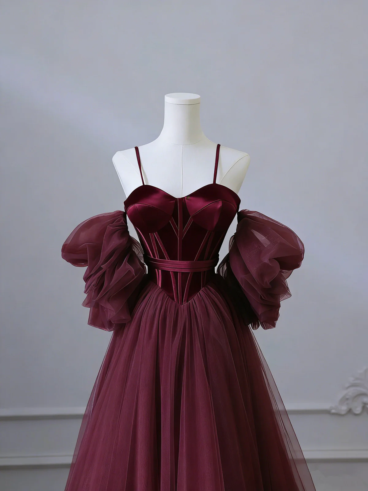 Wine Red Satin and Tulle Vintage Style Prom Dress, Sweetheart Long Party Dress fg8736
