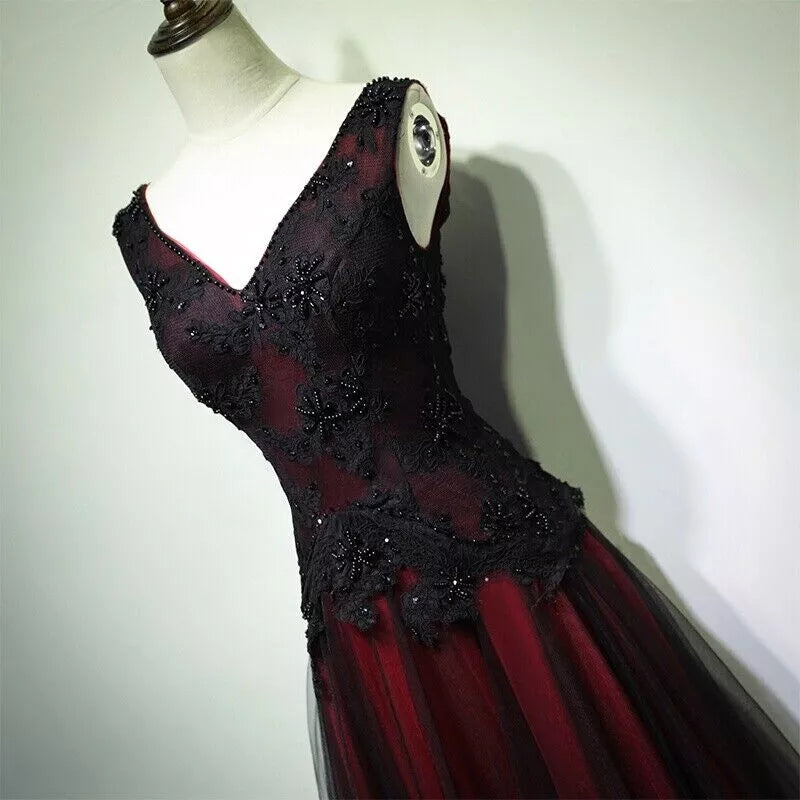Superbe robe de bal longue en tulle noir et rouge à décolleté en V et perles, fg1880
