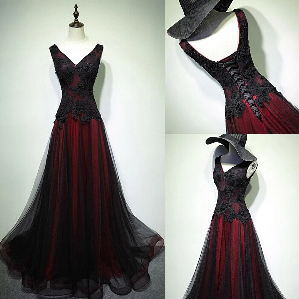 Superbe robe de bal longue en tulle noir et rouge à décolleté en V et perles, fg1880