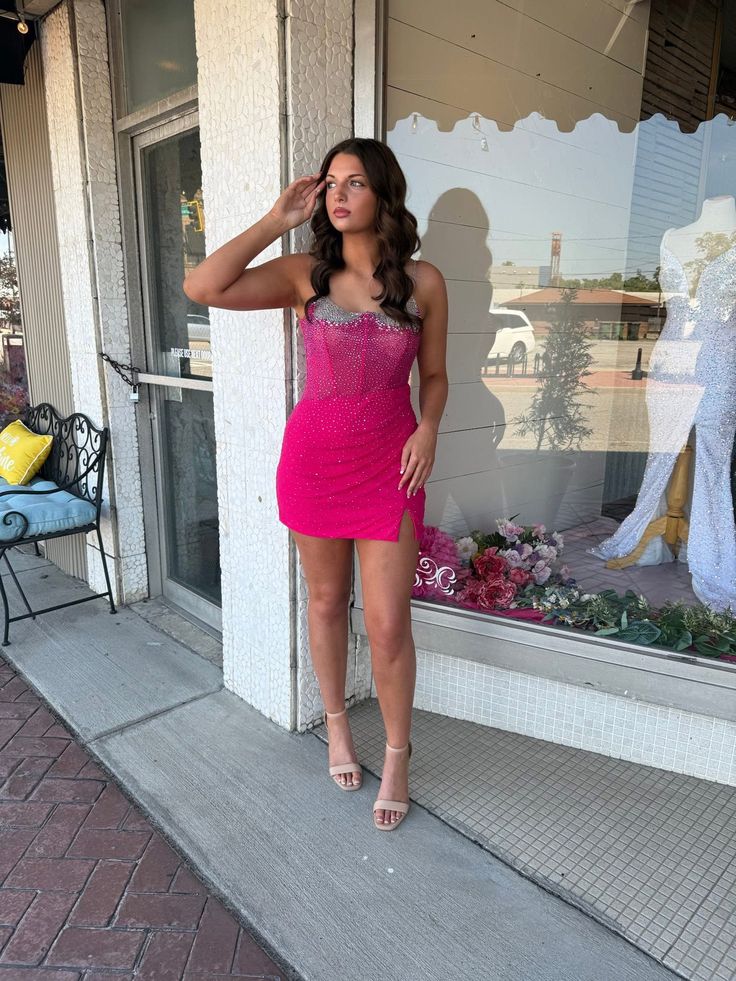 hot pink formal dresses short Hot Pink V Neck Open Back Tulle Short Prom Dresses, Hot Pink Tulle Hom Lwt Dress