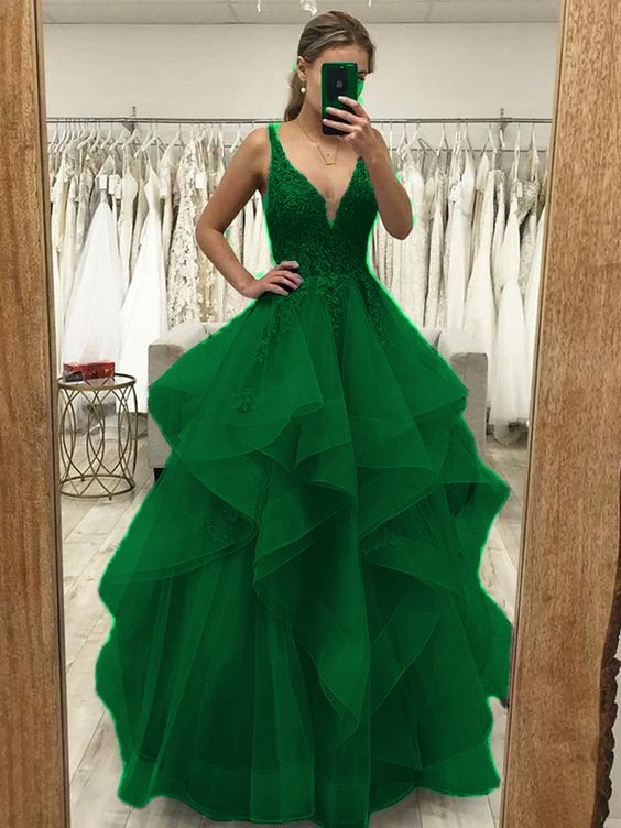 A-Line/Princess Tulle Applique V-neck Sleeveless Floor-Length Dresses Prom Dress fg4509