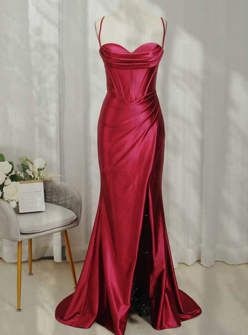 Burgundy Long Prom Dress with High Slit,Formal Graduation Evening Dresses fg4760
