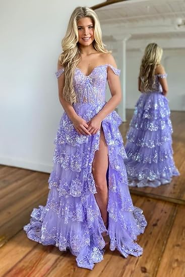 Schulterfreies, mehrlagiges, marineblaues, langes Ballkleid aus Spitze mit Schlitz, schulterfreies, marineblaues Abendkleid fg4837