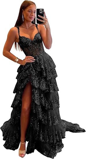 Schulterfreies, mehrlagiges, marineblaues, langes Ballkleid aus Spitze mit Schlitz, schulterfreies, marineblaues Abendkleid fg4837