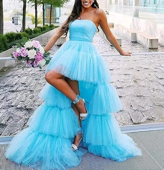 Hot Pink Strapless High Low Formal Gown,Tulle Prom Evening Dresses fg538