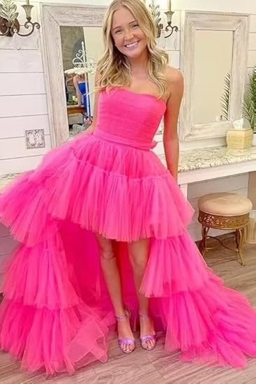 Hot Pink Strapless High Low Formal Gown,Tulle Prom Evening Dresses fg538