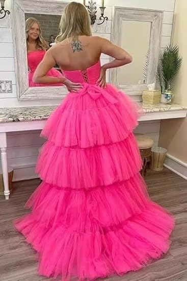 Hot Pink Strapless High Low Formal Gown,Tulle Prom Evening Dresses fg538