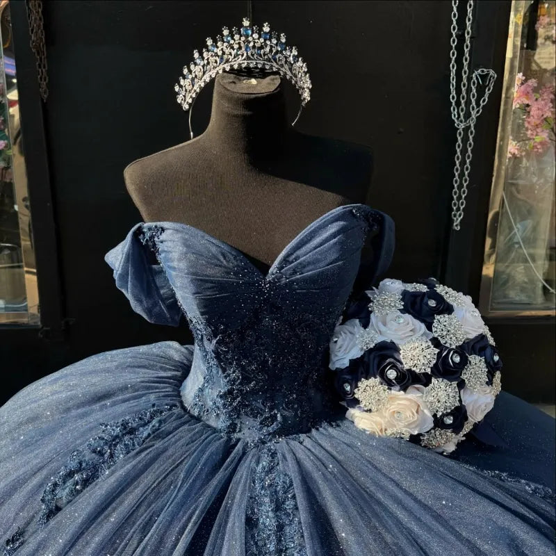 Sweet 16 Birthday Party Dresses Navy Blue Off-Shoulder Lace Appliqued Tulle Ball Gown for Birthday Celebration Sweet 15 Mexican Dresses fg6897