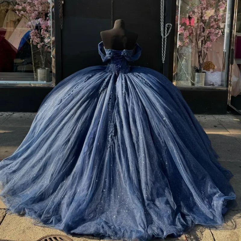 Sweet 16 Birthday Party Dresses Navy Blue Off-Shoulder Lace Appliqued Tulle Ball Gown for Birthday Celebration Sweet 15 Mexican Dresses fg6897