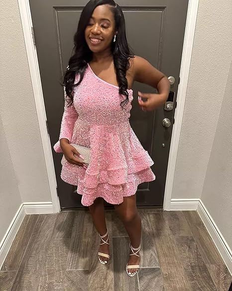 Robe de soirée courte rose à paillettes, coupe trapèze, dos nu, tenue d'anniversaire, fg7116