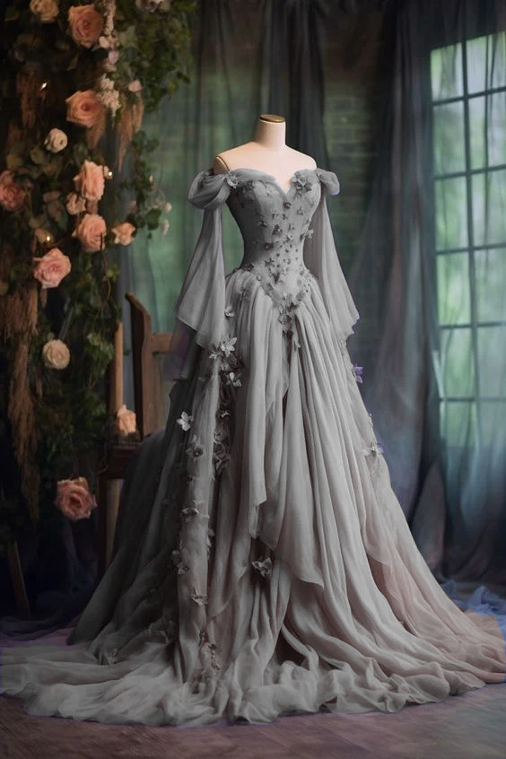 Purple Custom Dress Long Sleeve Floral Applique A-Line Long Evening Dress fg7191