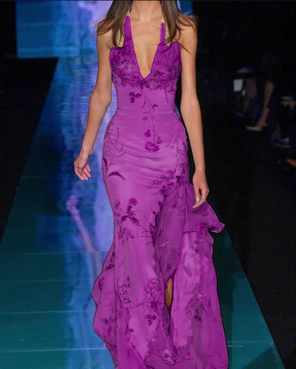 Mermaid Embroidered Long Prom Dress,Deep V Neck Evening Dress With Slit fg7305