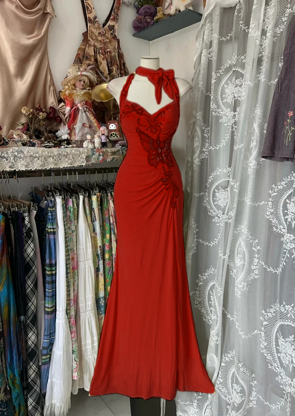 Robe de soirée longue jaune style sirène à col licou fg7398