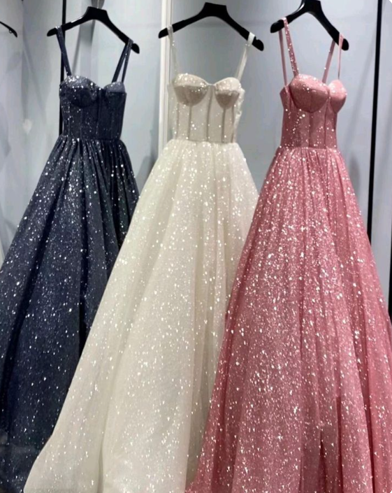 A Line Pink Spaghetti Straps Shinny Long Formal Dress Evening Party Dresses fg7759