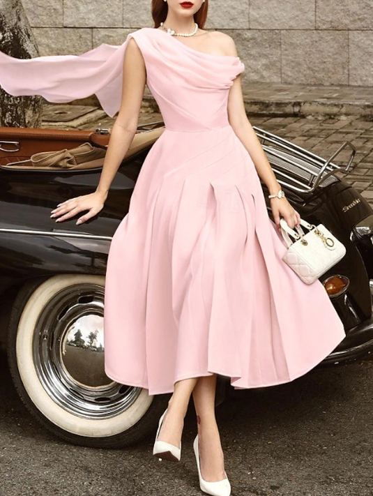 Robe de cocktail trapèze élégante, longueur thé, sans manches, col bénitier, en mousseline, robe de soirée, fg7773