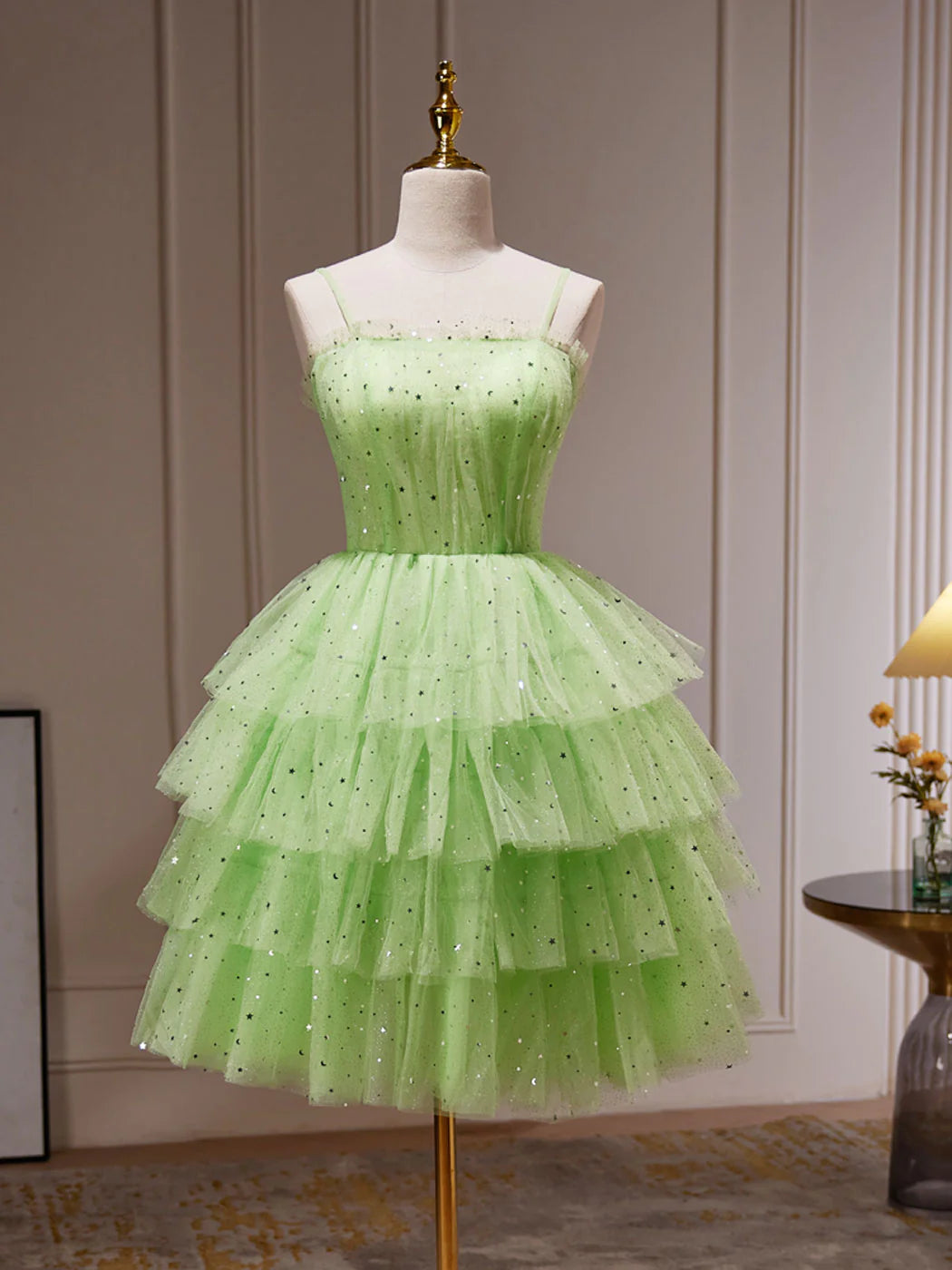 Robe de bal courte en tulle vert, jolie robe de soirée verte fg3412