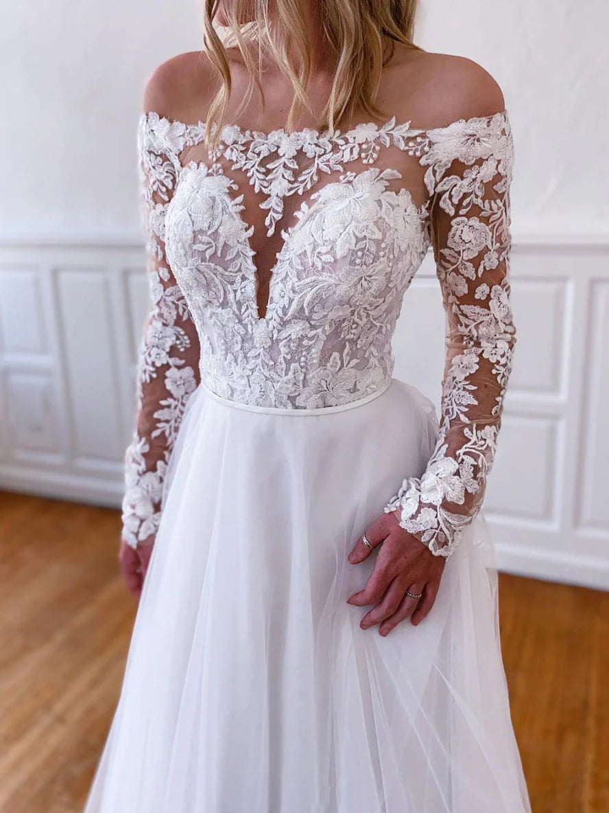 Langes Ballkleid aus weißem Spitzentüll, Abendkleid aus weißem Spitzentüll fg3859