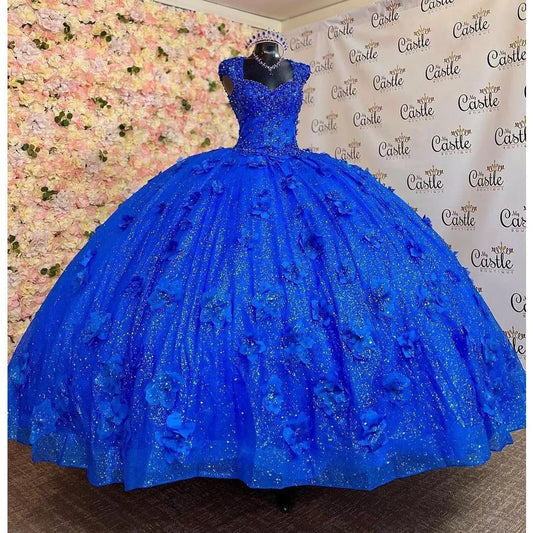 Robe de Quinceanera bleu roi avec appliques florales 3D, épaules dénudées, corset à lacets dans le dos, robe de bal Sweet 16, fg4292
