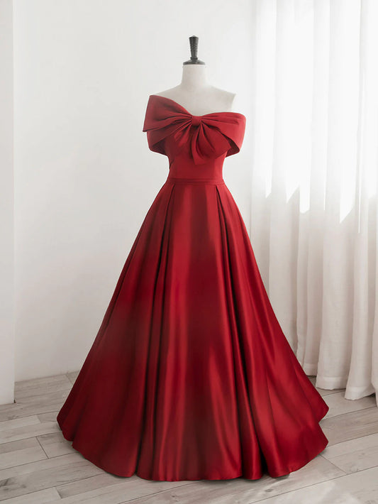 Robe de bal longue rouge en satin coupe trapèze, robe de soirée longue rouge fg4359