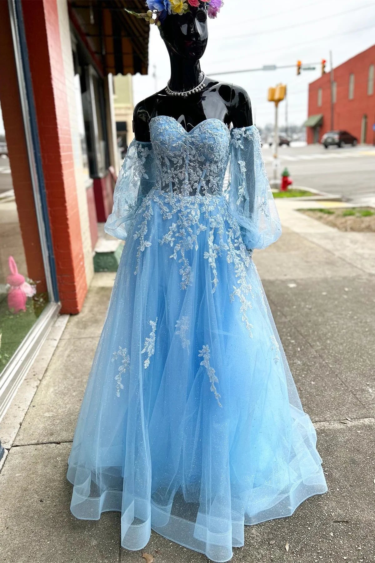 Blue Floral Lace Sweetheart A-Line Prom Gown with Sleeves fg4213