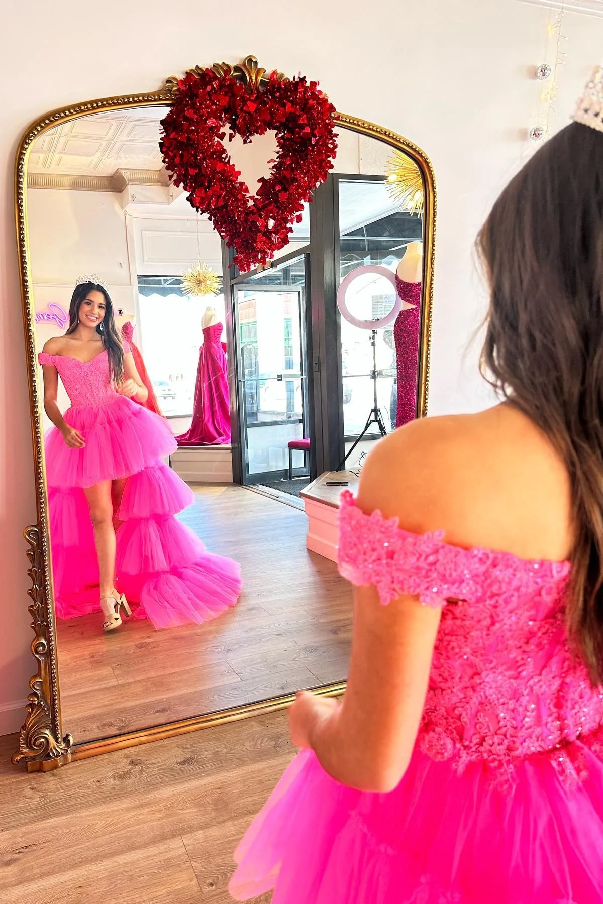 Tulle Lace Off-the-Shoulder High-Low Tiered Prom Dress fg4224