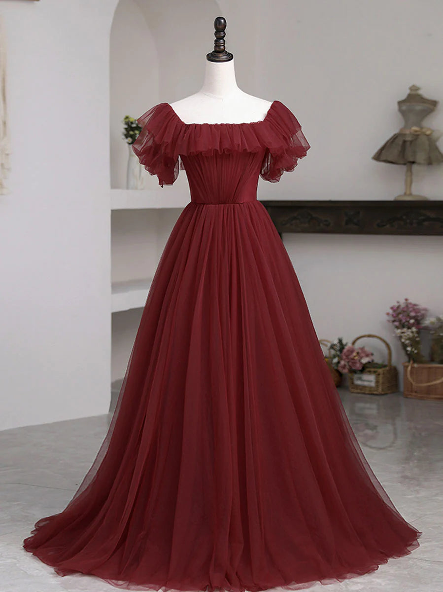Simple Burgundy A line Long Prom Dresses, Burgundy Bridesmaid Dresses fg4360