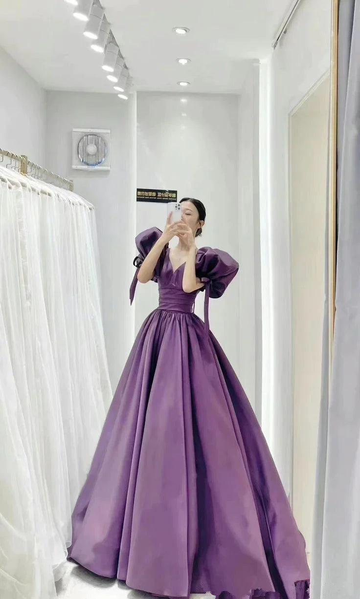 Satin Purple Puffy Sleeves Corset Prom Dress Pageant Party Dress Gala formalgowns Satin Purple Puffy Sleeves Corset Prom Dress Pageant Party Dress Gala formalgowns