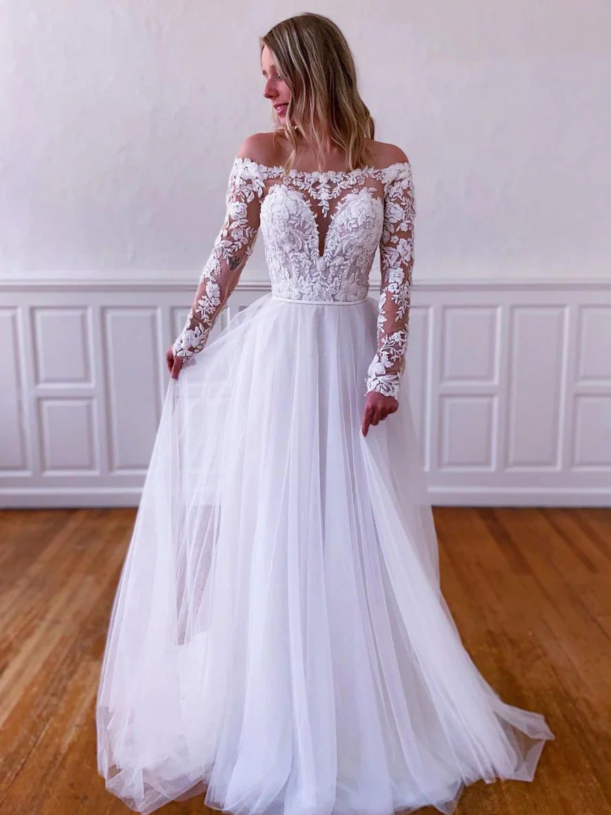 Langes Ballkleid aus weißem Spitzentüll, Abendkleid aus weißem Spitzentüll fg3859