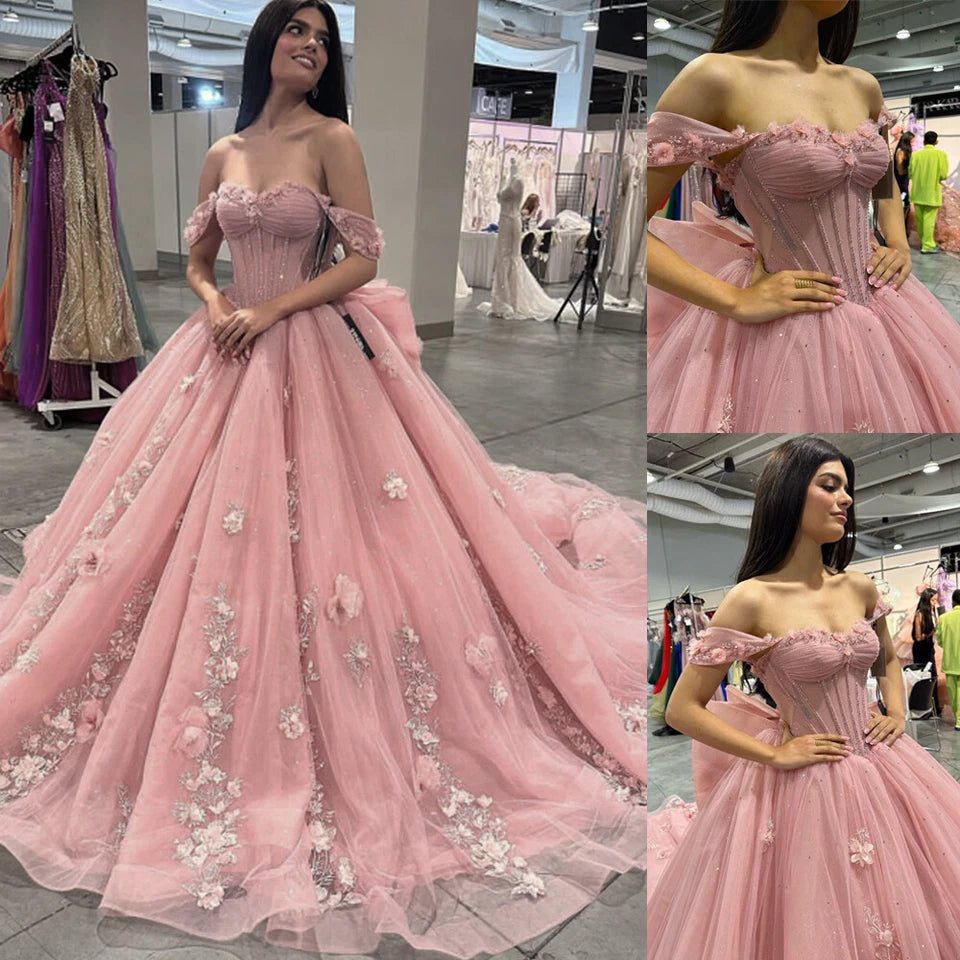 Pink Quinceanera Dress Ball Gown Applique 3D Flower Sweet 16 Party Prom Dress