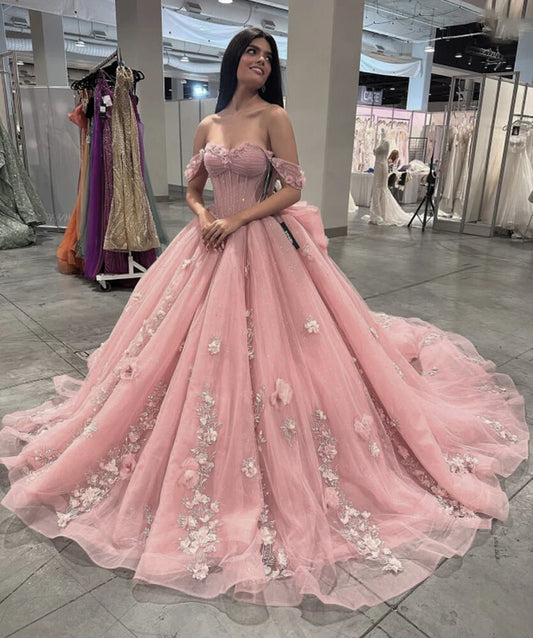 Robe de bal rose à fleurs 3D appliquées pour Quinceanera