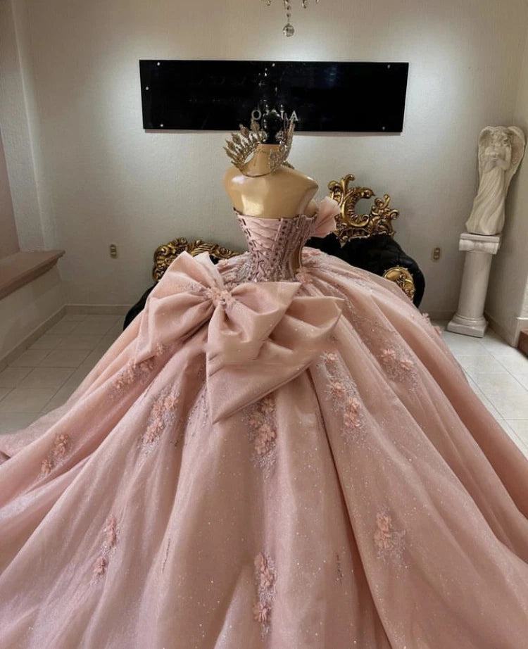 Pink Quinceanera Dress Sweet 15 16 Bow Beaded 3D Floral Glitter Ball Gown Quinceanera Dresses