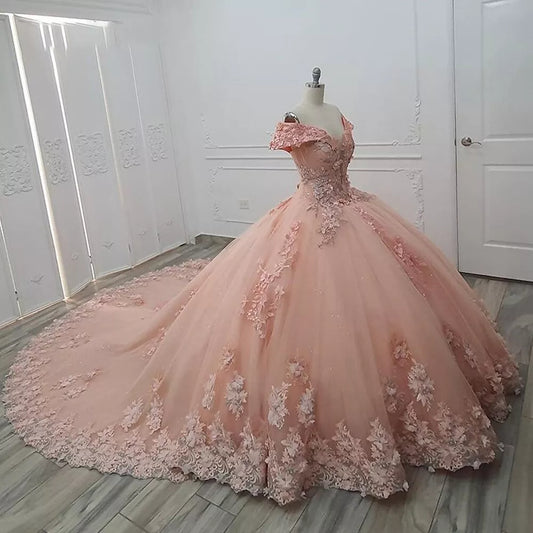 Robe de Quinceanera rose, Sweet 16, robe de bal à fleurs 3D, épaules dénudées et perles